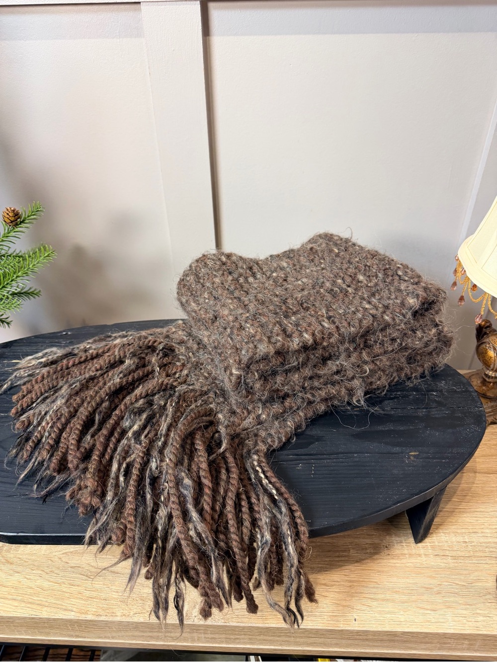 Mohair Wool Scarf Made in Great Britain Brown Heathered Fringe Winter Scarf 74”